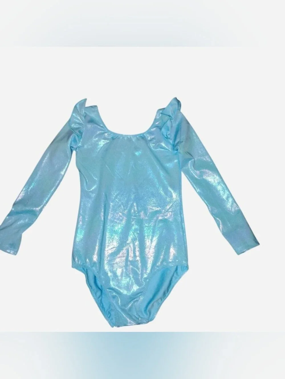 New NWT Girls Light Blue Metallic Shimmer Long Sleeve Leotard Ruffle Shoulder